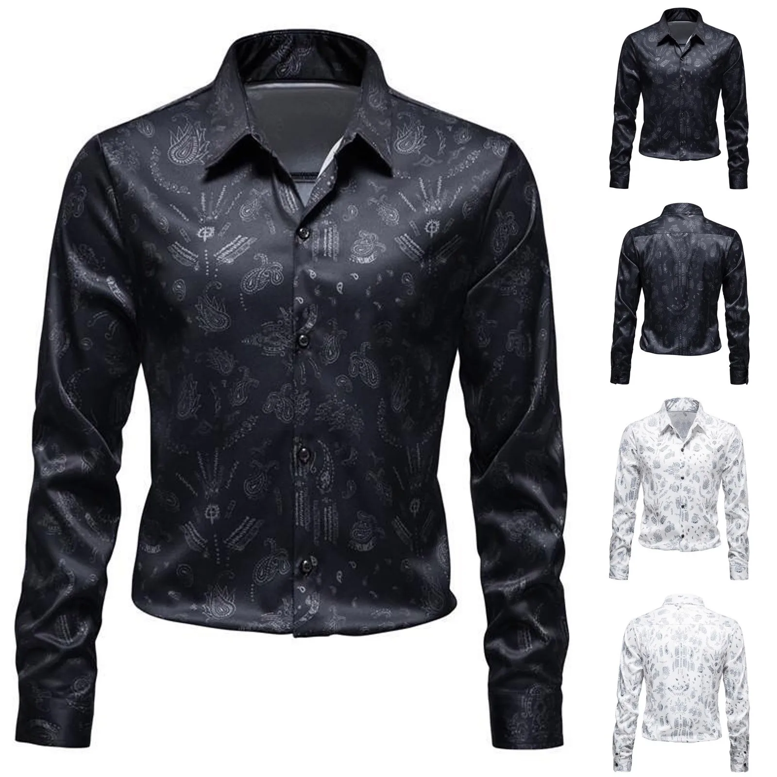 

Fashion Slim Fit Suit Shirts Men's Lapel Print Casual Long Sleeve Soft Thin Male Tops Blouse Single-breasted For Business Homme