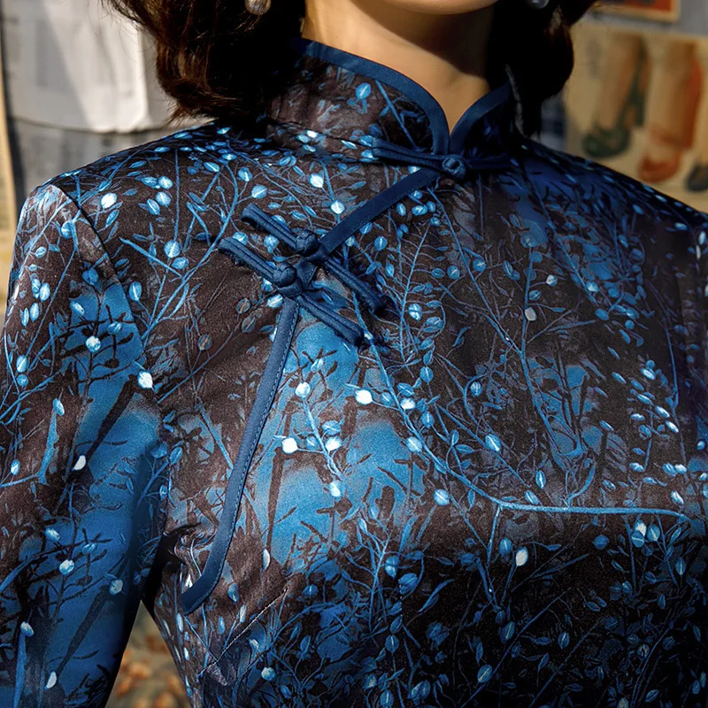 Sheng Coco женские платья темно синего цвета китайские традиционные с коротким