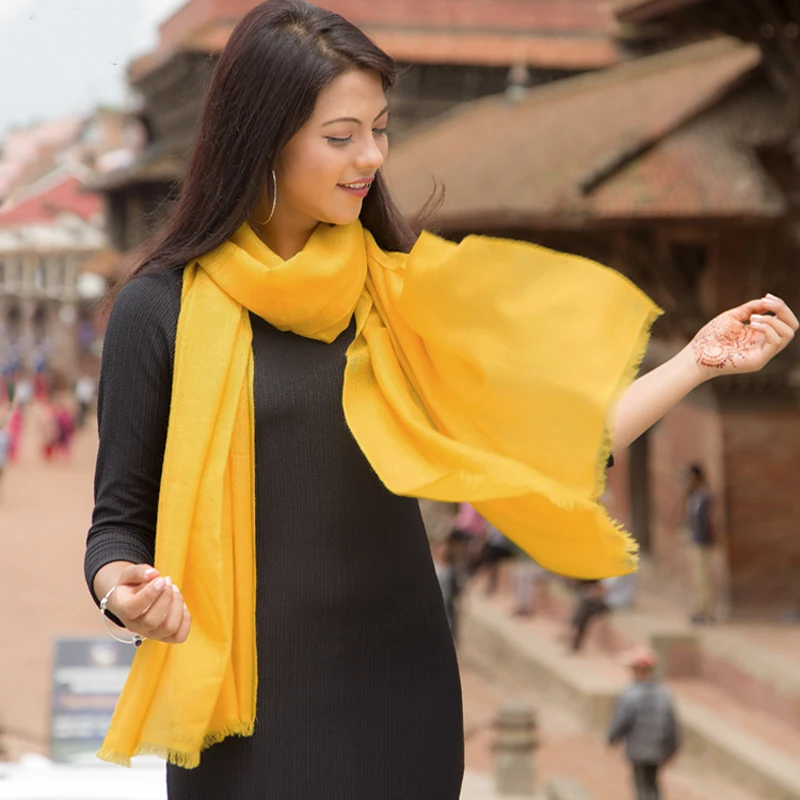 

2020 Winter 200S Super Thin 100% Cashmere Scarf Yellow High Quality Shawl 70*200cm Natural Fabric Christmas Gift Women