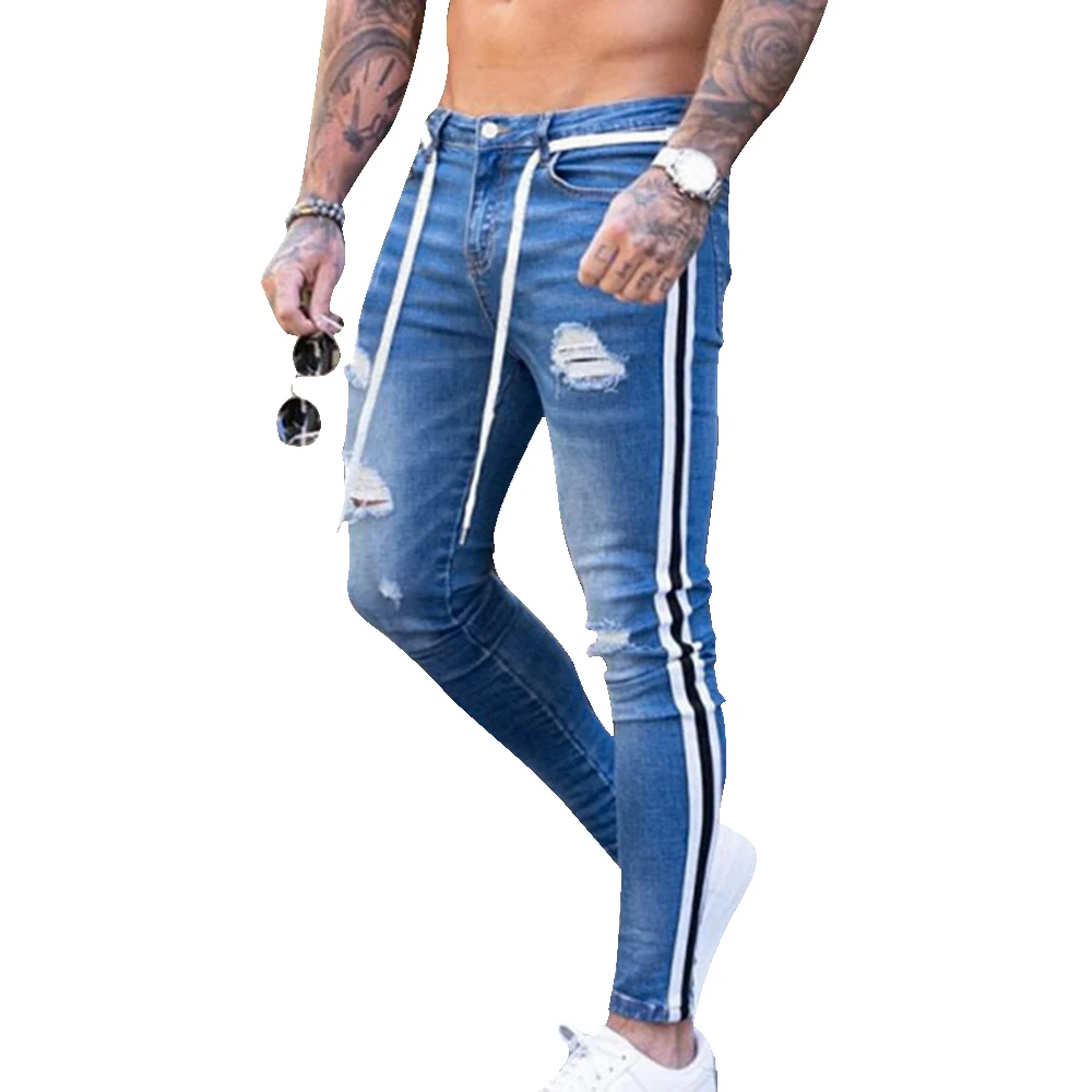 Men Skinny Jeans Biker Destroyed Frayed Fit Denim Ripped Pants Side Stripe Pencil Streetwear | Мужская одежда