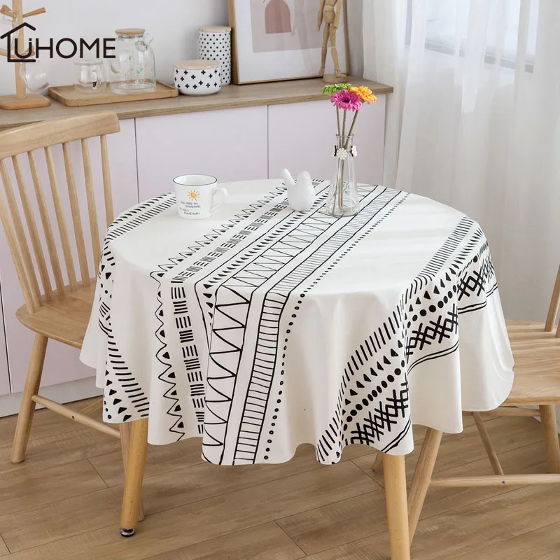 Декоративная льняная скатерть с геометрическим рисунком плотный круглый