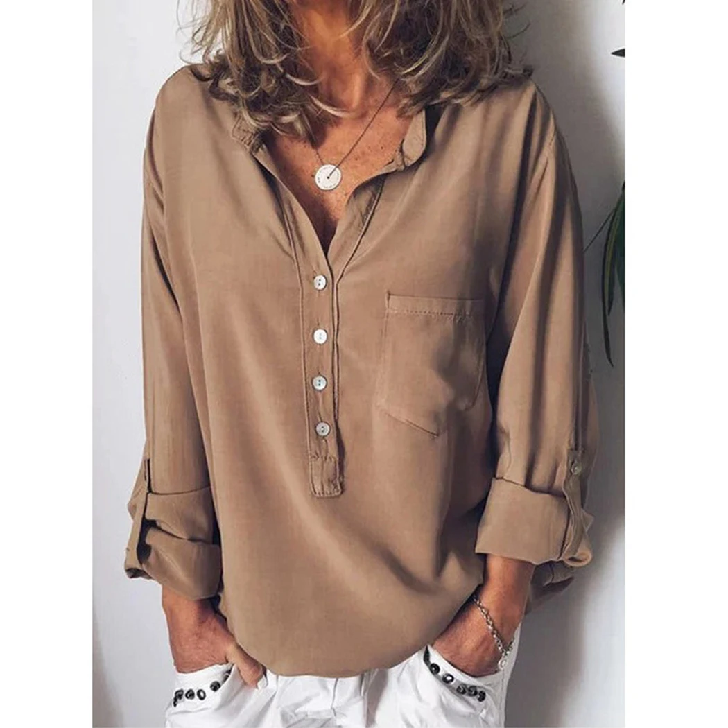 Женские однотонные Большие размеры мешковатые блузки с длинным рукавом v