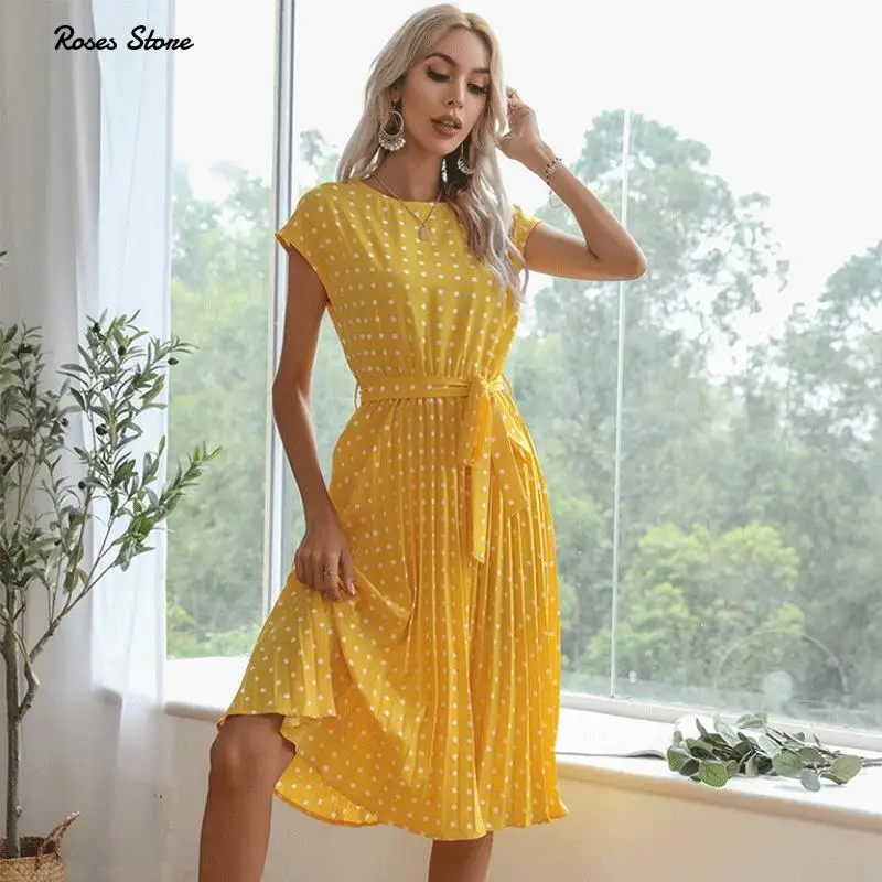 2021 New Summer Polka Dots Sleeveless Pleated Dresses For Women High Waist Midi Elegant Office Green Lady Dinner Party Clothes | Женская