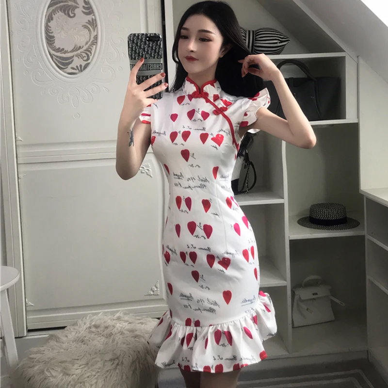 Китайское платье, красное и белое, cheongsam, современное, qipao, вечернее платье, для ночного клуба, ретро, cheongsam, рыбий хвост, юбка, бодикон, qi pao - Цвет: color1