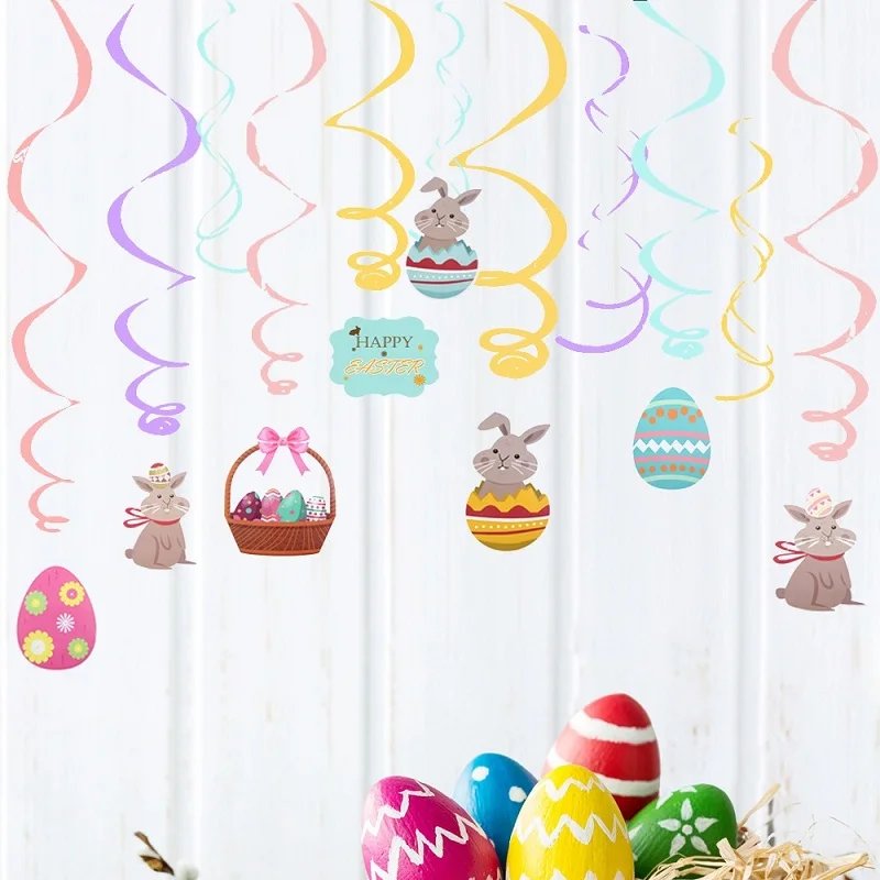 

Happy Easter Party Decoration DIY Spiral Ornaments Swirl Cute Bunny Egg Pendant Ceiling Hanging Garland Swirl Banner Home Decor