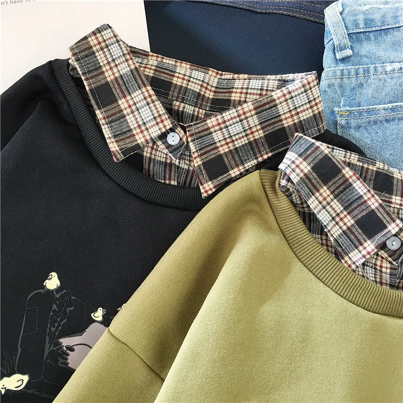 

Autumn Casual Women Loose Sweatshirt Printing Harajuku Long Sleeve Fake Two Pieces Fleece Female Pullovers Plus Size