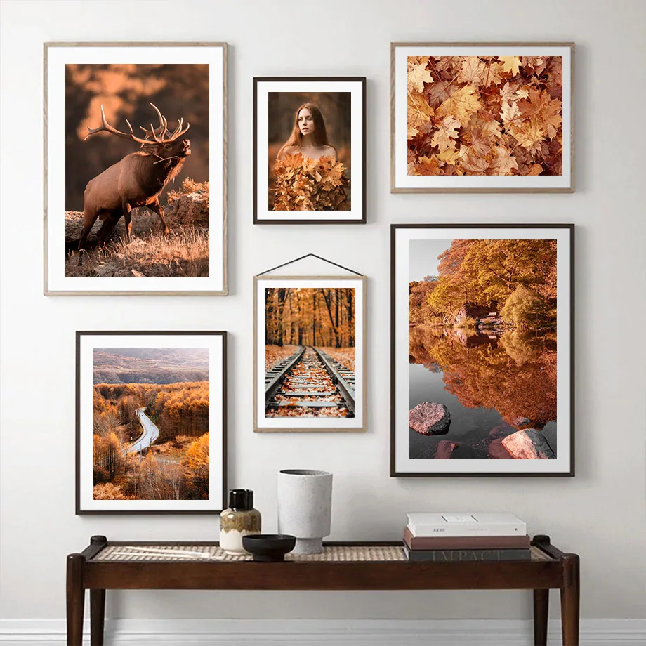 

Autumn Mountain Lake Fallen Leaf Elk Girl Wall Art Canvas Painting Nordic Posters And Prints Wall Pictures For Living Room Decor