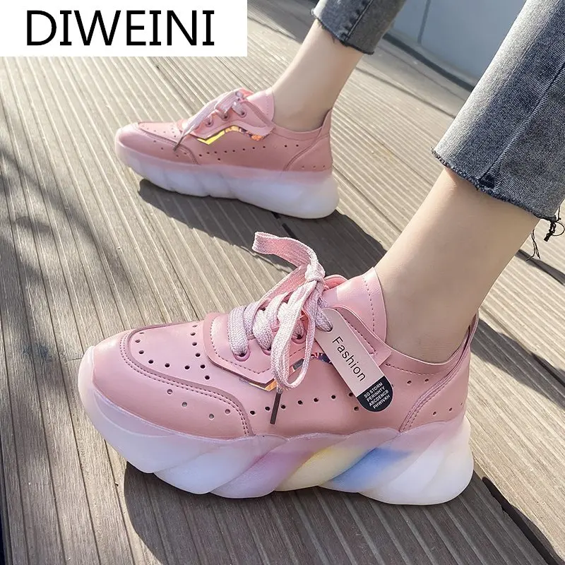 

2021 Spring Women Vulcanize Shoes Fashion PU Leather Round Toe Comfortable Women Casual Shoes Mesh Breathable Platform Sneakers
