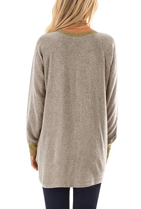 

New O Neck Sweatshirt Women's Tops Contrasting Color Loose Plus size Pocket Long Sleeve Pullover Shirt Fashion Leisure