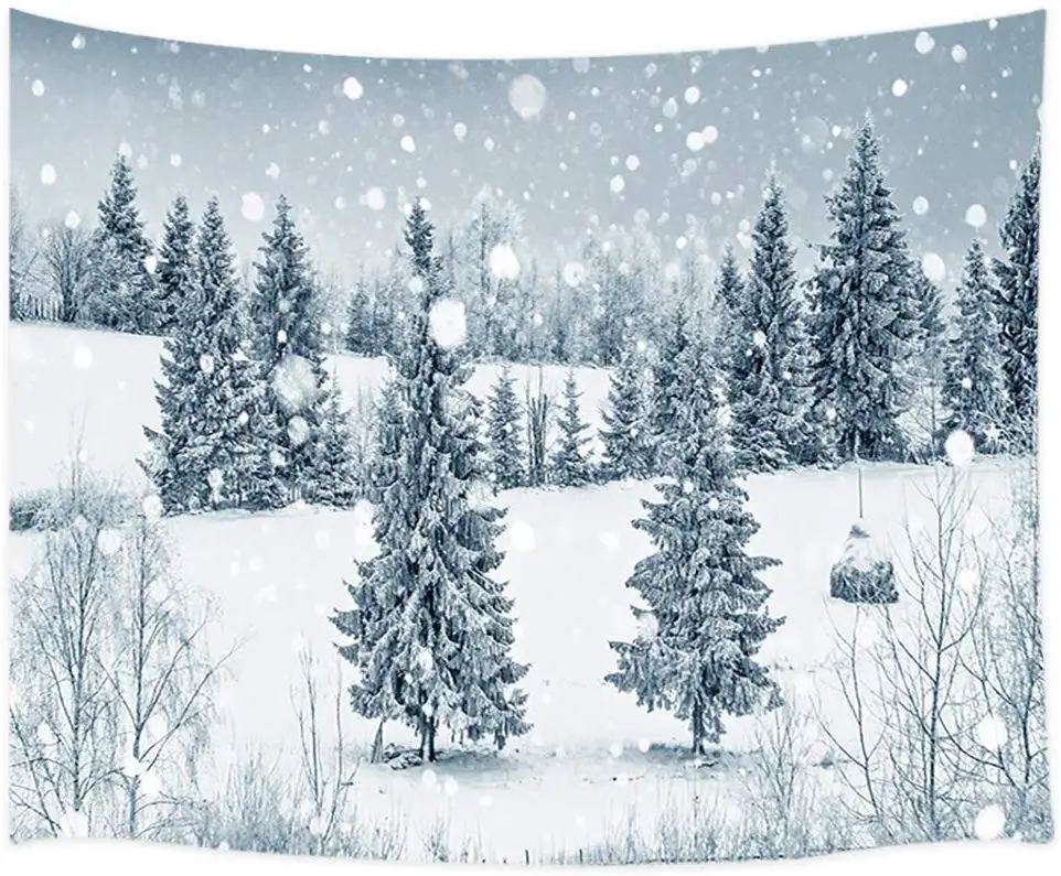 Зимний лес рождественский зимний снежный с елками и снежинками гобелен | Дом сад