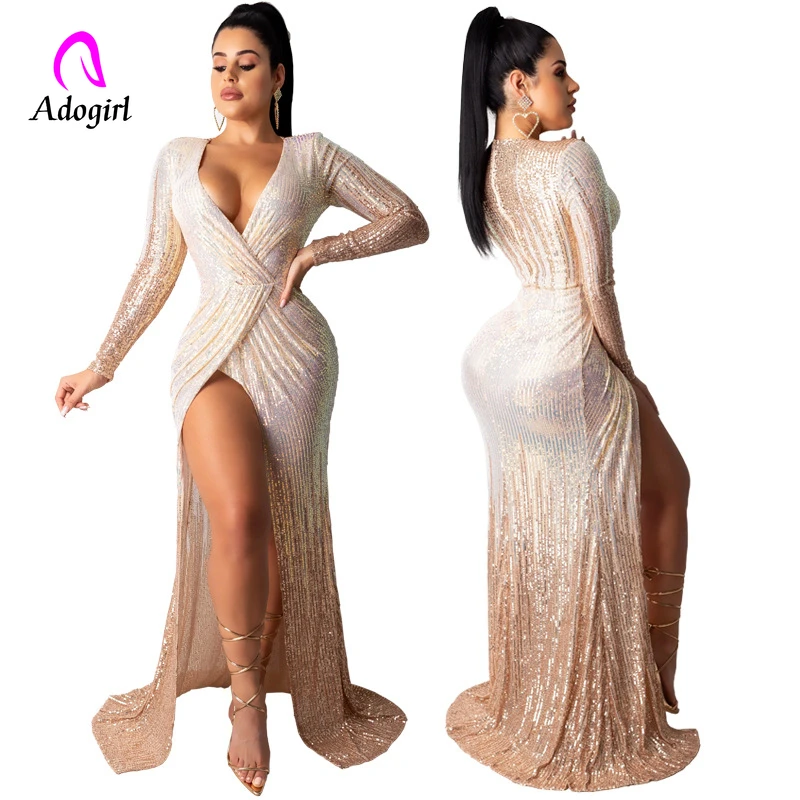 Элегантное длинное вечернее платье цвета шампанского с блестками v образным