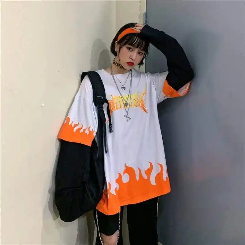 NiceMix Harajuku футболка с принтом пламени 2 шт. Лоскутная Повседневная футболка с длинными рукавами для женщин и мужчин Уличная одежда Топы