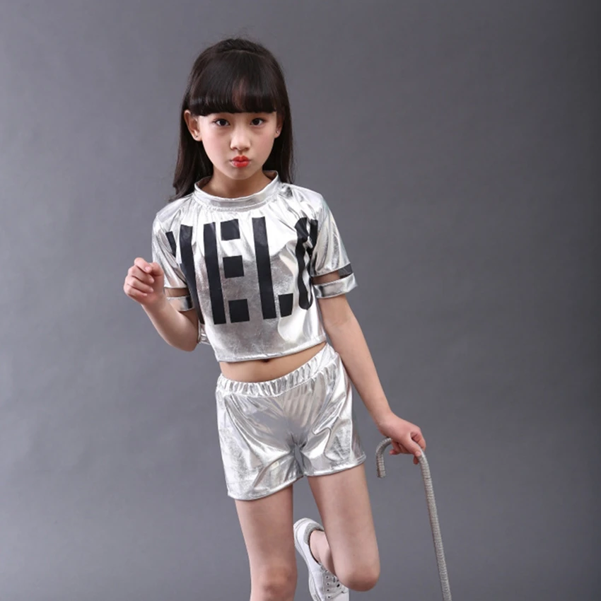 Детский костюм для джазовых танцев блестящий короткий топ и шорты девочек