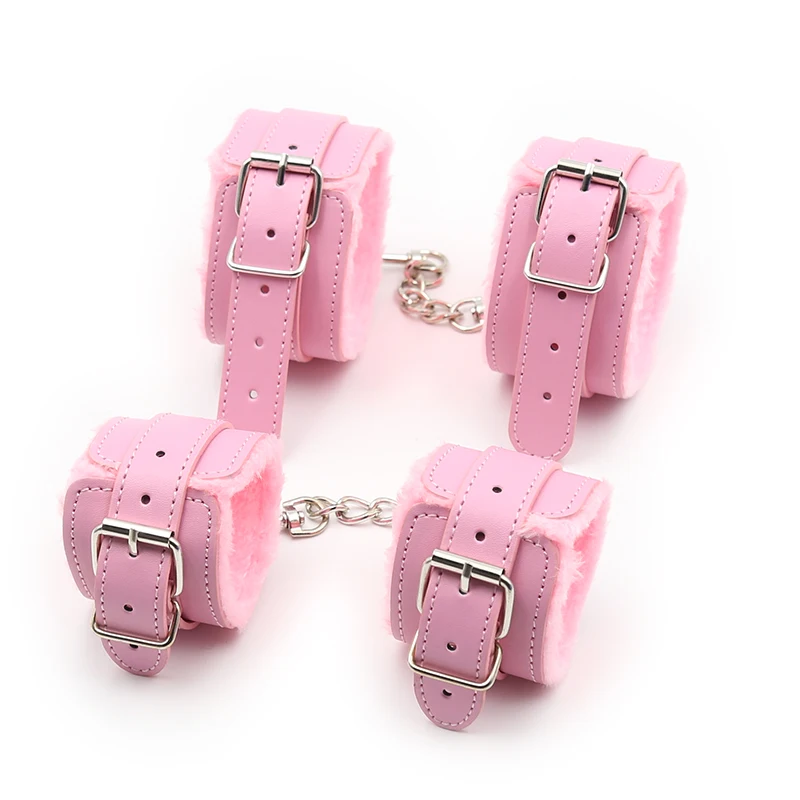 БДСМ бондаж Регулируемая искусственная кожа плюшевые розовые наручники манжеты