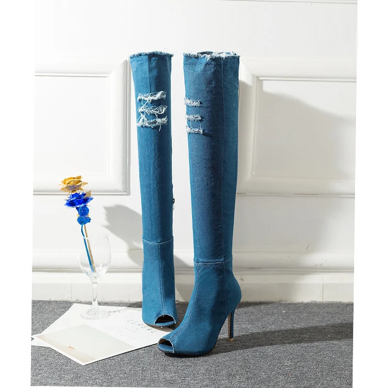 

2021 Spring New Leisure Fashion Knee Long Boots Star Same Elastic Round Head High Top Denim Boots