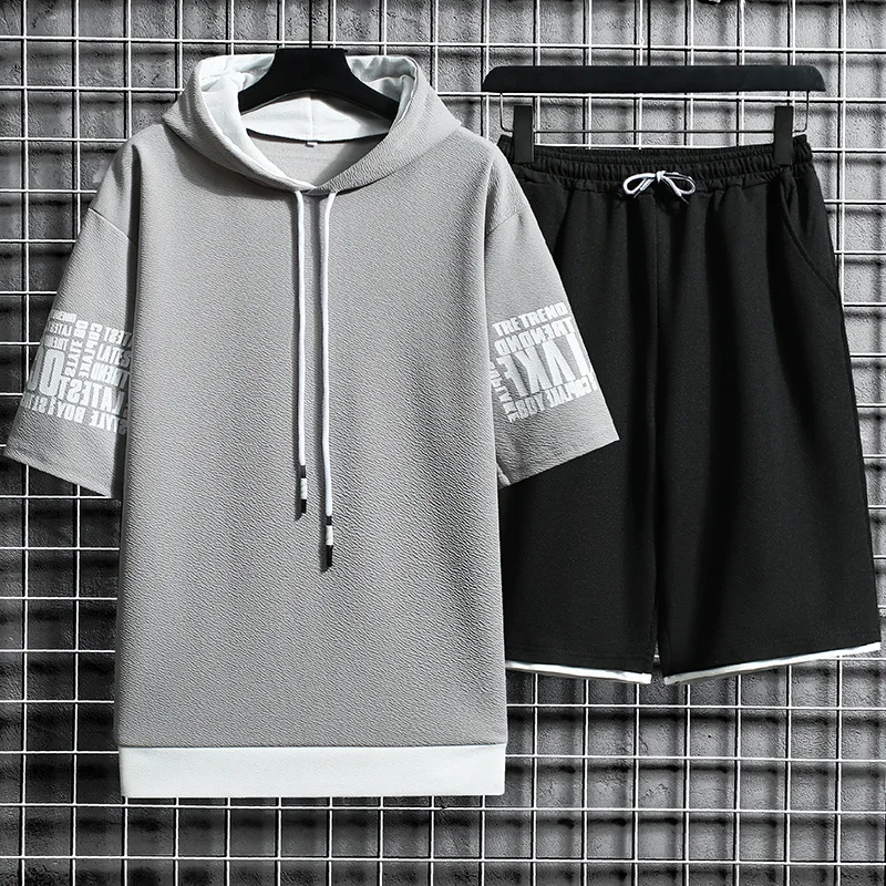 

Free Shipping Outdoor Sportwear Man Clothing Hooded Sweatshirt Short Sleeve T-shirt Shorts Tracksuit Summer 2 Pcs Set