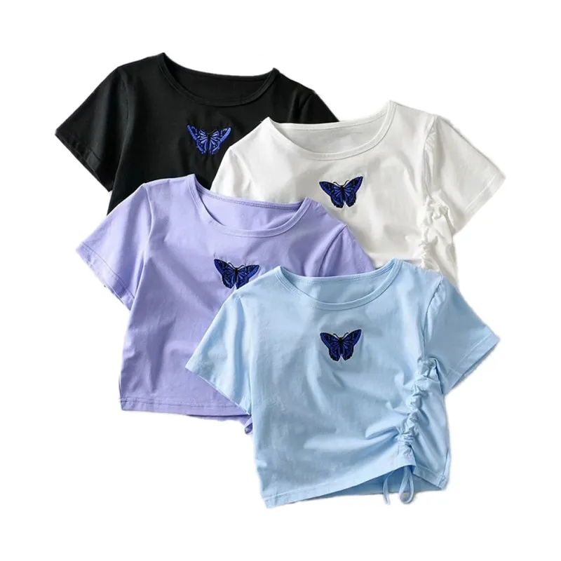 

Милая женская футболка из мягкого хлопка с круглым вырезом, лето 2022, модная женская футболка в стиле High Street, Женская прямая короткая футболк...