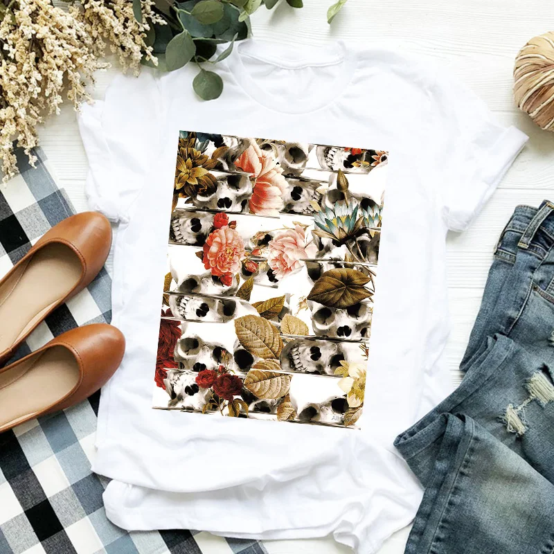 

Women Lady Flower Floral Skull Horror Printed Fashion Print Ladies T Tee Womens Shirt Clothes Tshirt Female Top Graphic T-shirt