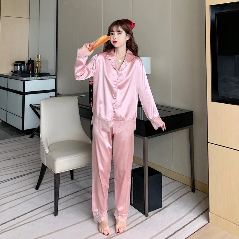 

Autumn Silk Pajamas Women's Long-sleeved Ice Silk Lace Sexy Cardigan Lapel Home Service Ladies Fashion Loose Casual Pajamas Set