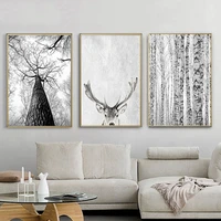 modern scandinavian wall art grey white tree canvas painting deer animal posters and prints pictures for living room decoration