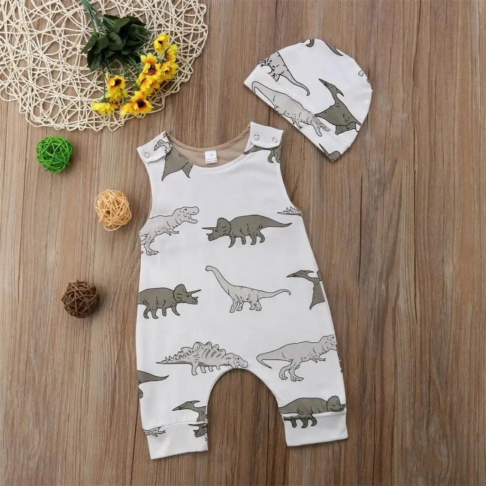 

Комбинезон без рукавов с принтом динозавра для девочек и мальчиков, комплект из 2 предметов, комбинезоны с шапочкой, Размер 0-24 месяцев