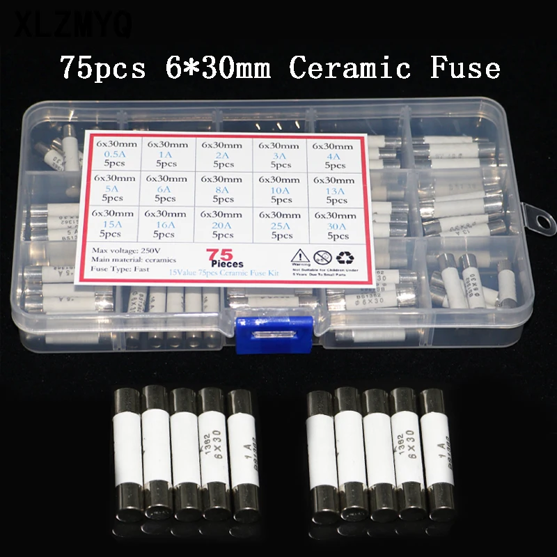 

75pcs/Box 6mm x 30mm 250V Fast Blow Ceramic Fuse Assortment Kit 0.5A 1A 2A 3A 4A 5A 6A 8A 10A 13A 15A 16A 20A 25A 30A Fuse Set