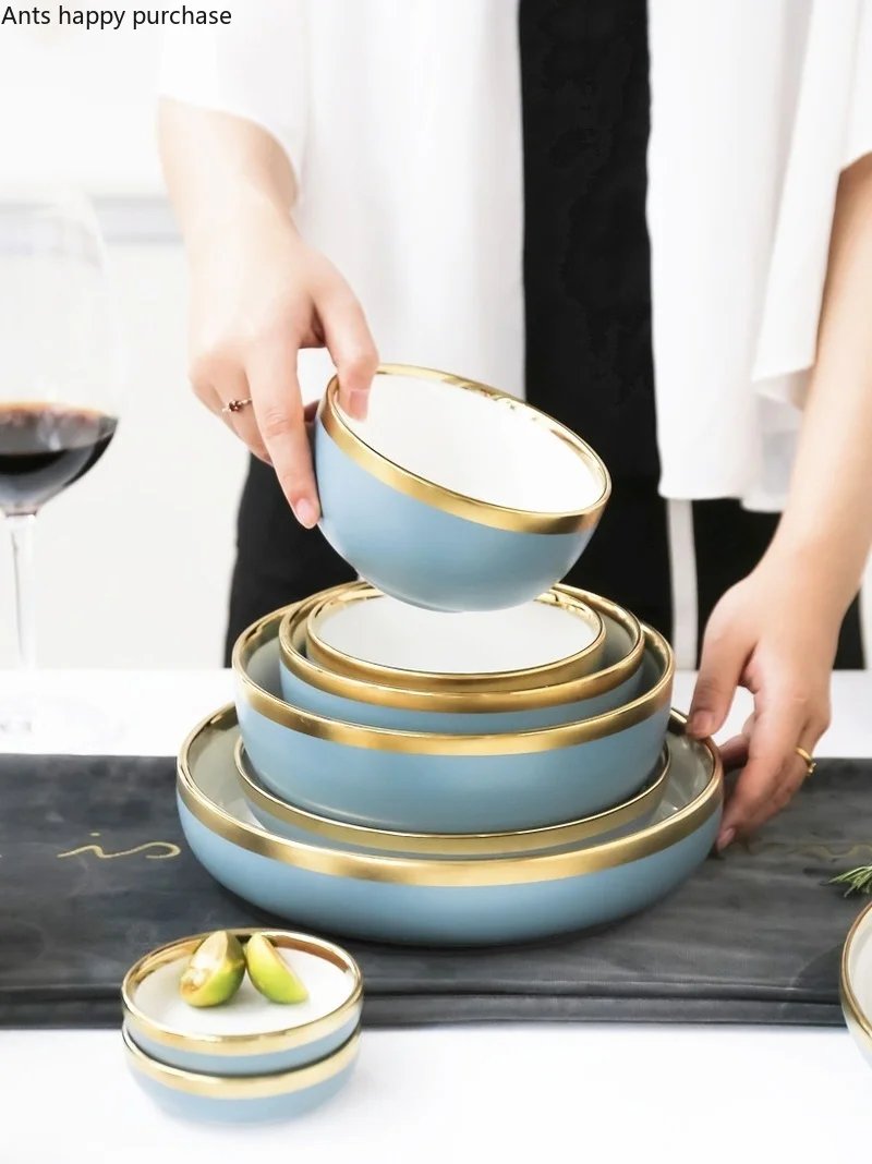 Скандинавский синий CeramicsGolden Rim посуда и тарелки наборы посуды тарелка лапша суповая чаша Западная еда стейк обеденная посуда тарелки