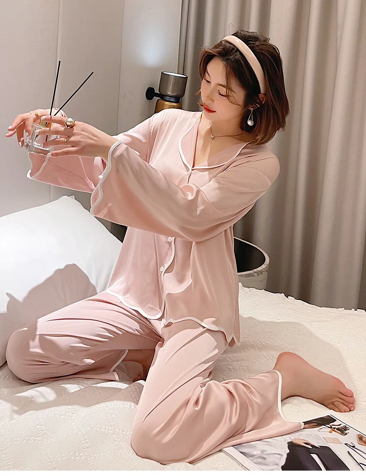 

Female Sexy Pajamas Satin Spring New Ruffle Side Pyajams Pour Femme White Sleepwear Home Clothing Button-Down Lady Loungewear
