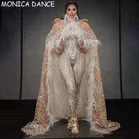 sexy stage big cloak jumpsuit outfit costumes birthday celebrate jumpsuit jacket set dance wear bar prom singer costume