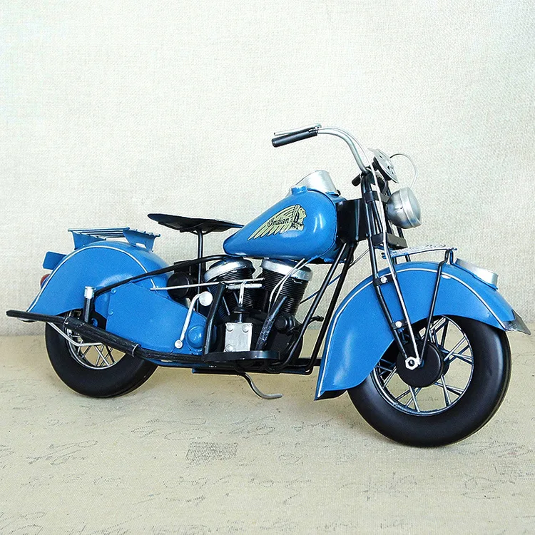 Модель мотоциклетная металлическая ручной работы в стиле ретро большая синяя