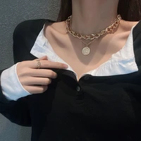 european and american retro round card exaggerated thick chain stacking necklace female personality hip hop clavicle chain