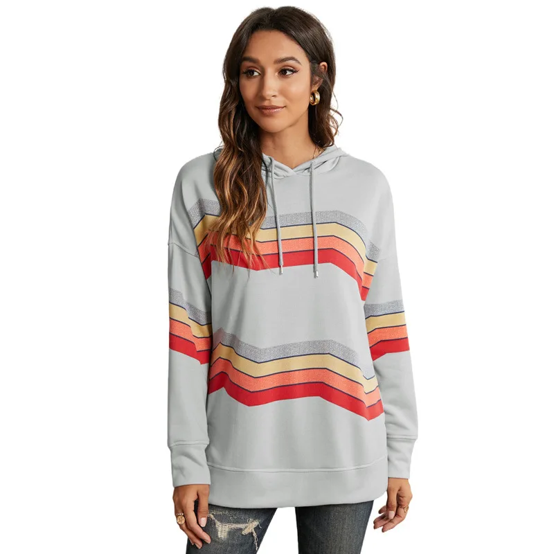 

2021 New Winter Spring High Quality Ladies Sweatshirt Tops Loose Women Hoodies Striped Leisure Fashion Female Pullovers