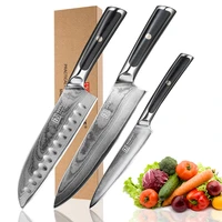 keemake high quality chef knife damascus santoku utility knife japanese vg10 steel blade g10 handle 3pcs kitchen knives set
