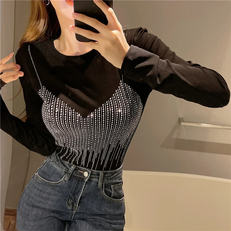 

WOMENGAGA Hot Diamonds Long Sleeve T-shirt Women Autumn Heart Design Slim Clothes Fashion Sexy Korean Tees Tops Lady X9KG