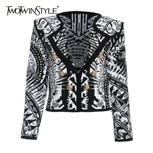 Женский короткий кардиган TWOTWINSTYLE, осенний, черный, белый, с V-образным вырезом, длинными рукавами, с принтом, 2020
