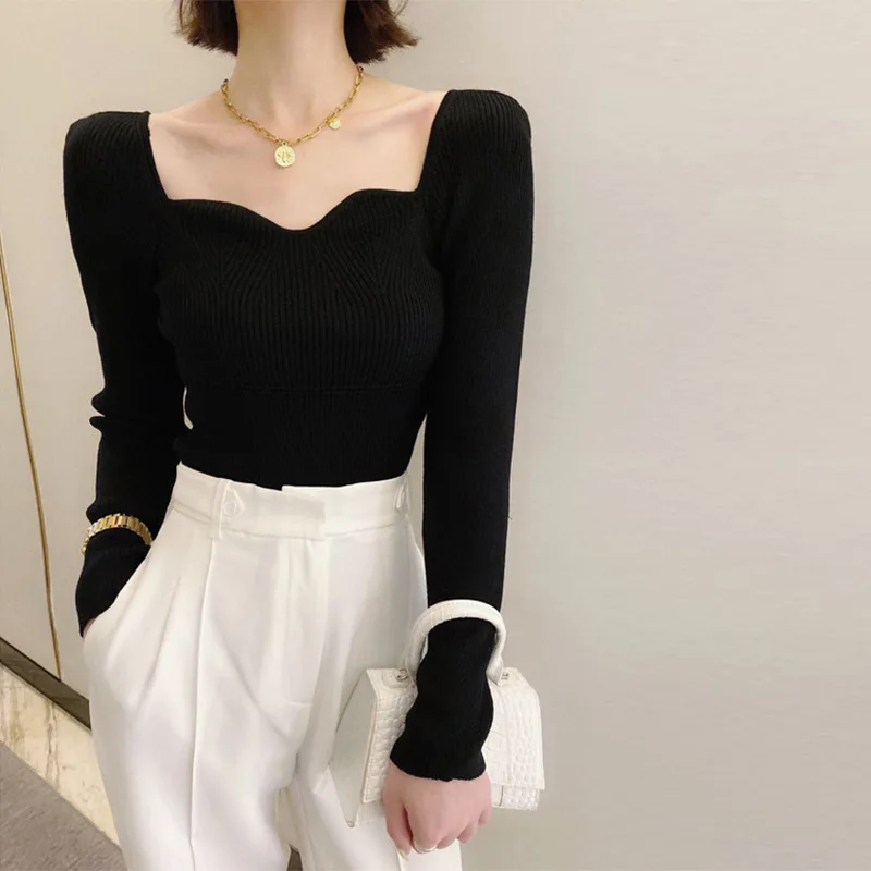 

Women Knitted Sweater Long Sleeve Casual Top Spring Autumn Streetwear Chic Fashion Jumper Slim-fit Tight Knitwear Pullover Mujer