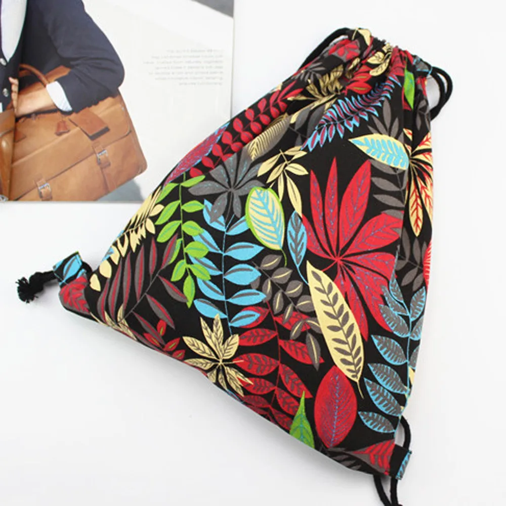 Fashion Women Drawstring backpack Storage Bag Leaf Printing High Capacity Bucket sports bag pocket pouch Shoulder Bag Canvas new