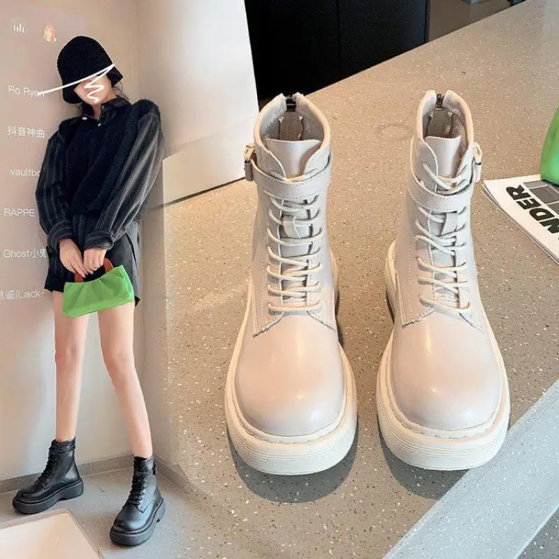 

Женские ботинки на шнуровке, короткие ботинки в британском стиле с ремешком и пряжкой, 2021