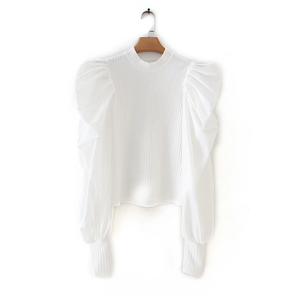 Женский пуловер свитер осень 2019 новая мода рукав-фонарик тянущийся вязанный с