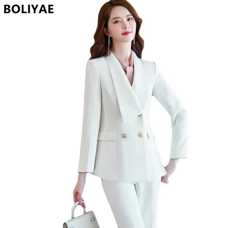Boliyae Women's Autumn Winter Trouser Suits Elegant Blazers with Pants Business Jackets Coat Office Long Sleeve Outerwear Tops