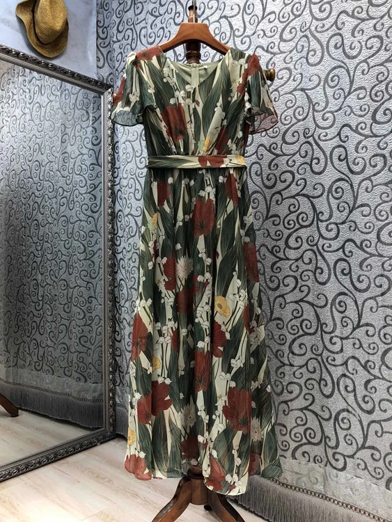 

2021 Новая Женская мода с v-образным вырезом на спине на молнии с декоративной печатью сочетающихся цветов с короткими рукавами длинная юбка п...