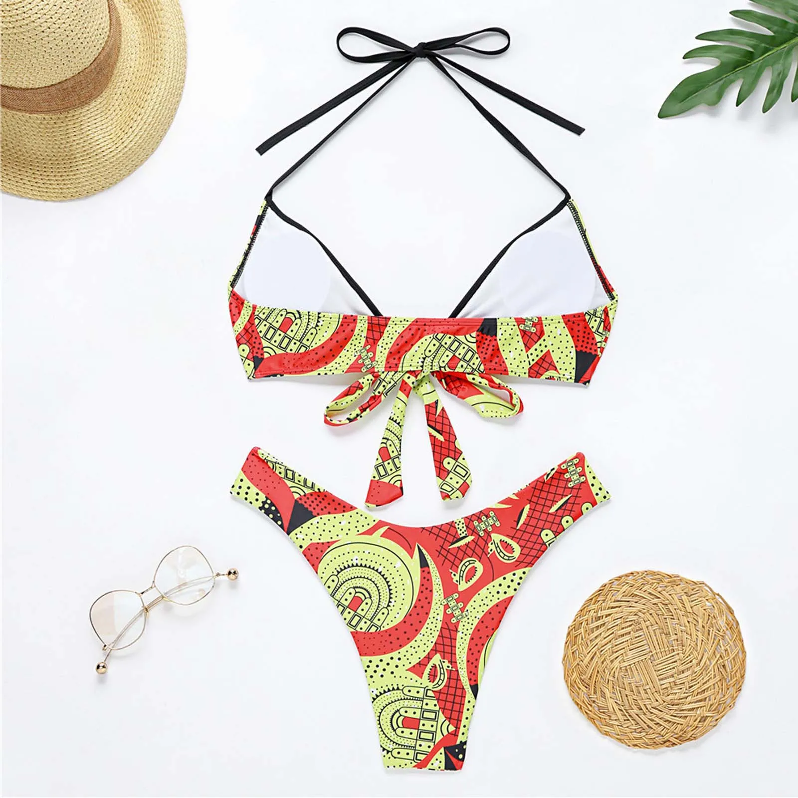

Sexy Brazilian Swimwear Women Vintage Print Strappy Two-Piece Swimsuit Hollow Out Micro Bikini High waist Bather Bathing Suit