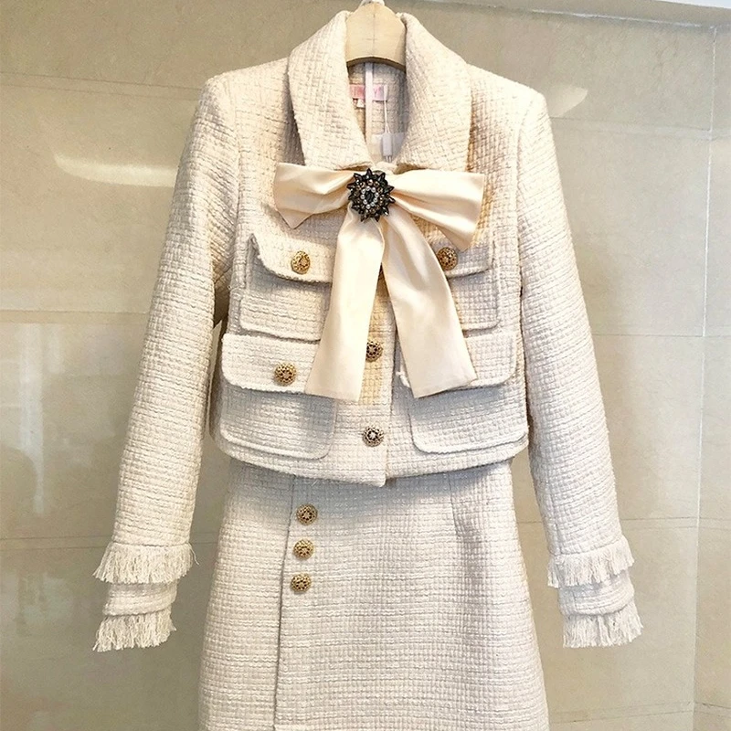 

Brand Lady Wool 2 Piece Set 2019 Winter Women Diamond Bow Gold Single Breasted Short Tweed Jacket Coat+Tassel Pencil Skirt Suit