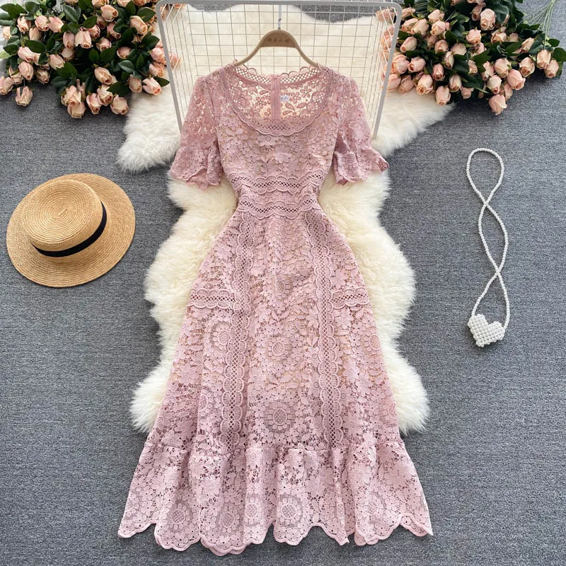 

Croysier Summer Clothes Dresses For Women 2021 Elegant Evening Party Dress Round Neck Short Sleeve Office Lady Lace Midi Dress