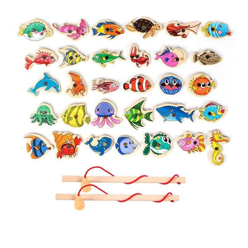 Wooden Magnetic Fshing Game Cartoon Marine Life Cognition Fish Rod Toys for Children Early Educational Parent-child Interactive | Игрушки и