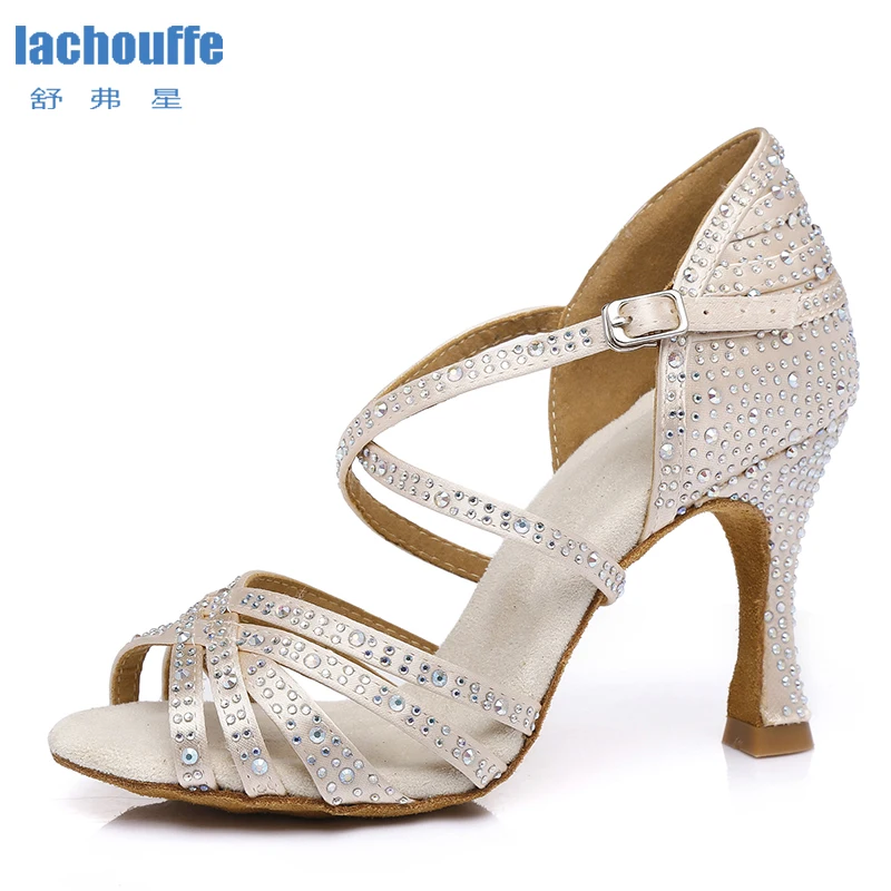 

White Rhinestone Latin Dance Shoes For Girls Practice Salsa Bachata Ballroom Dancing Shoes Women Soft Bottom Latino Shoes