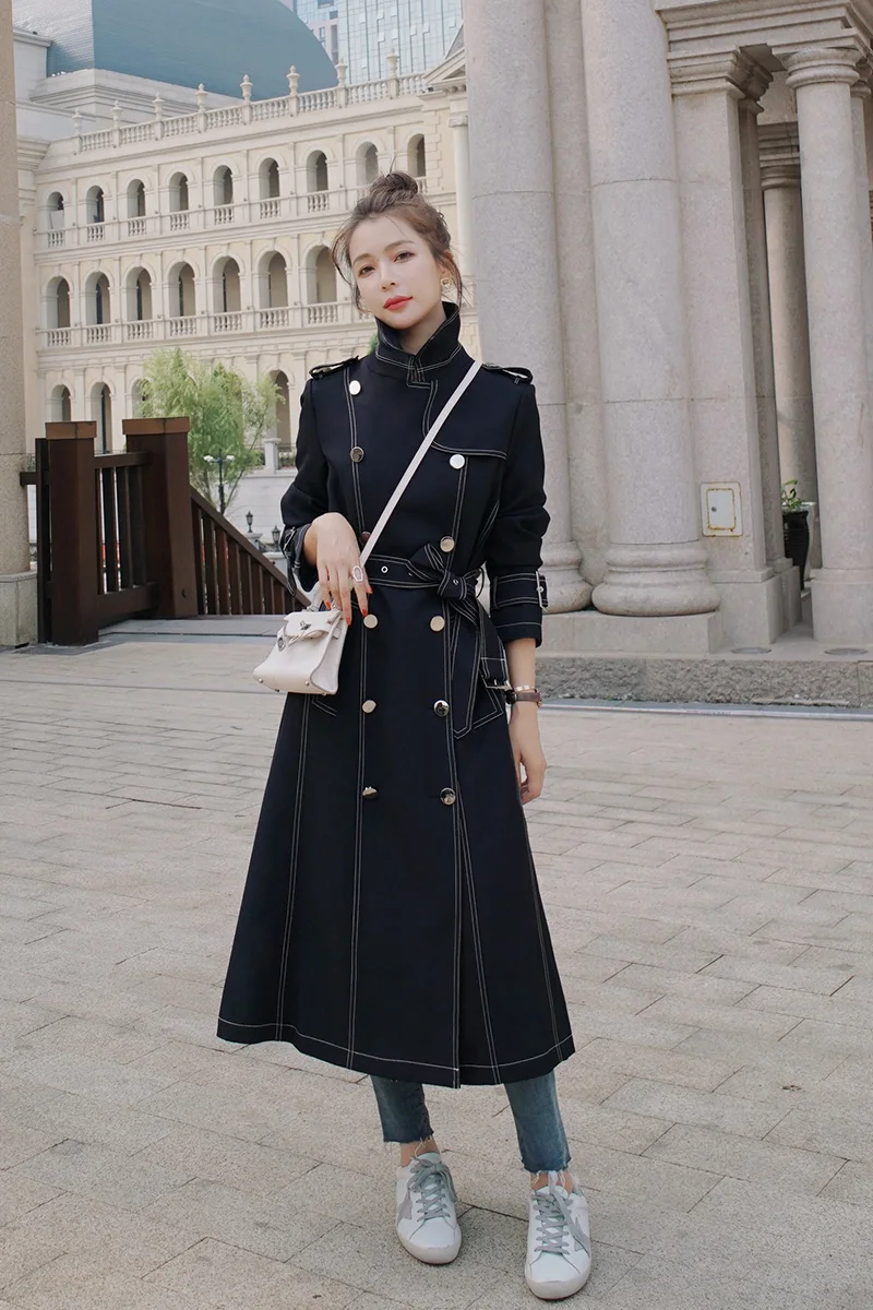 

Autumn Women Double Breasted Long Trench Jacket Metal Button Black Windbreaker Coat Office Lady Elegant Korea Overcoat Outerwear