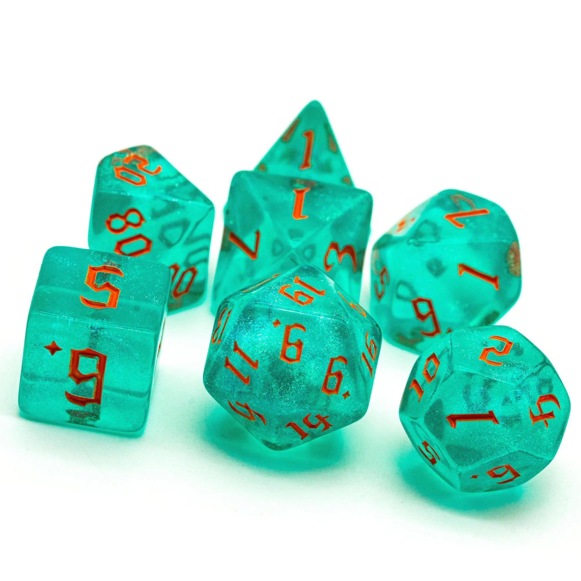 7 шт./компл. голубой/оранжевый шрифт игральные кости DND Set D4 D6 D8 D10 D % D12 D20 блестящие