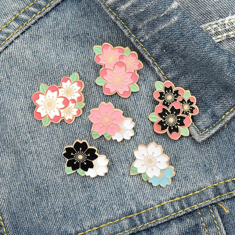 

Pink White Black Sakura Flowers Enamel Pin Cherry Blossom Brooches Bag Lapel Pin Cartoon Plant Badge Jewelry Gift for Friends