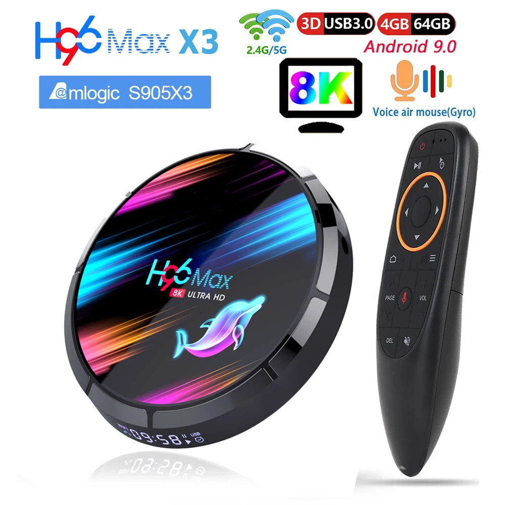 Приставка Смарт ТВ H96 MAX X3 Android 9 0 8K Amlogic S905X3 4 + 128/64 ГБ Wi Fi|ТВ-приставки и медиаплееры|